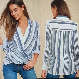 Lulu’s White & Navy Blue Striped Surplice Top